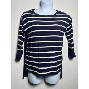 Rafaella Sport Striped Top Small Navy Blue Womens Nautical High-Low 3/4 Sleeve
